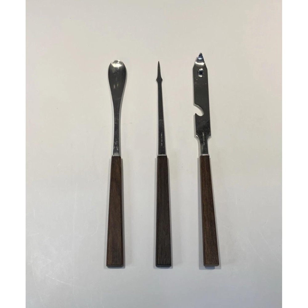 Vintage Stainless Steel MCM 3 Piece Bar Tool Set Dark Wood Handle Made in Japan